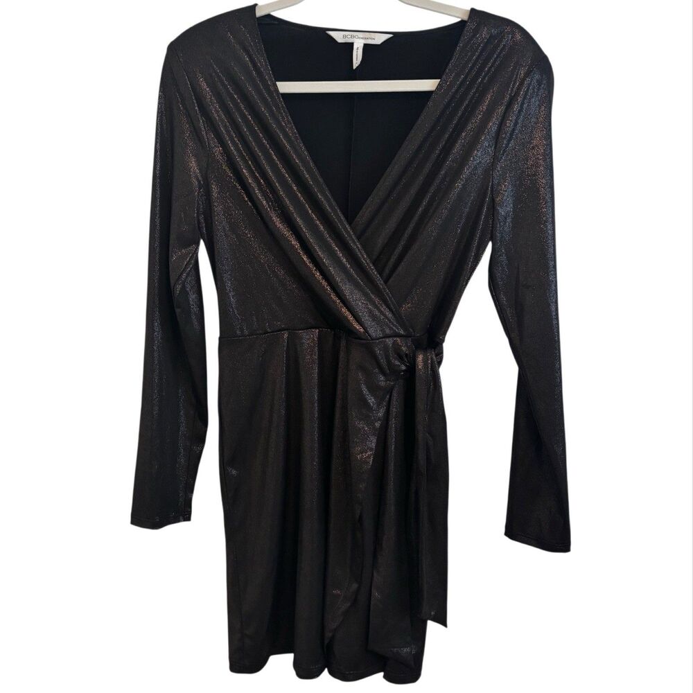 BCBGENERATION Womens Black Metallic Long Sleeve Wrap Dress Small Whimsigoth